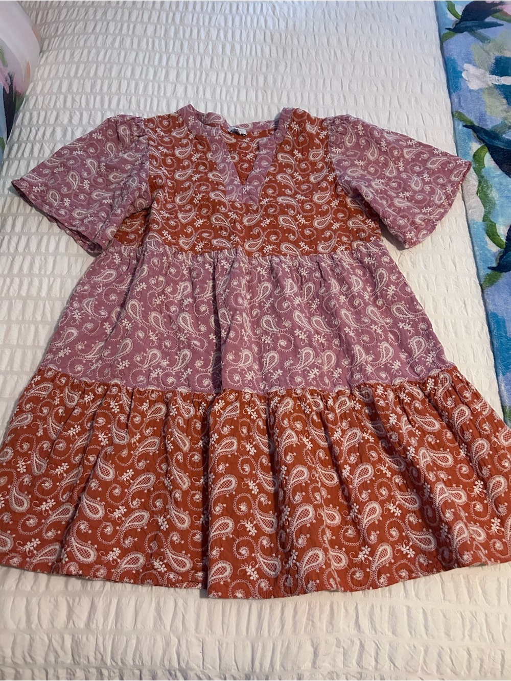 entro Two-Tone Paisley Tiered Dress in Rust & Mauve